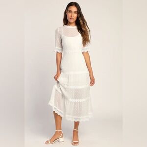 Lulus Dreaming of You White Swiss Dot Midi Dress White